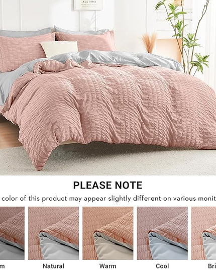 HYMOKEGE Rose Gold/Light Grey Full Size Comforter Sets Seersucker 7 Pieces, All Season Luxury Bed in a Bag for Bedroom, Bedding Set with Comforter, Sheets, Pillowcases & Shams