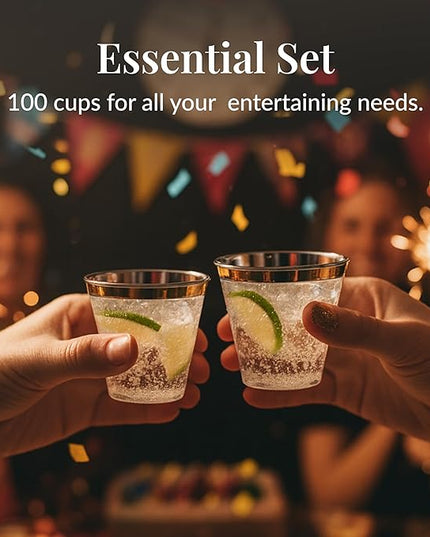 Prestee 100-Pack 9oz Gold Rimmed Plastic Cups Disposable Wine Glasses for Charcuterie, Weddings, Parties, and Events - Elegant Cocktail and Drinking Cups for Champagne, Martini, and Mocktails