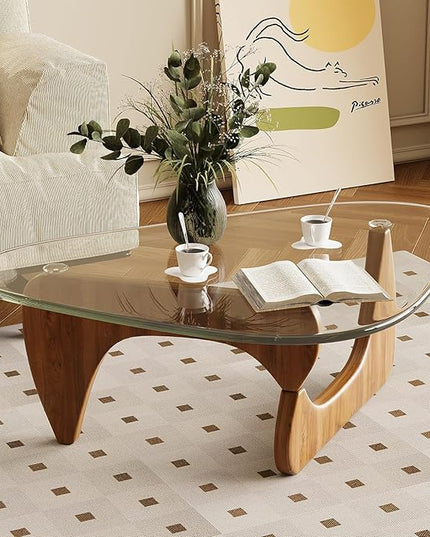 Coffee Table for Living Room Mid Century Modern Center Table with Glass Top, Walnut Transparent