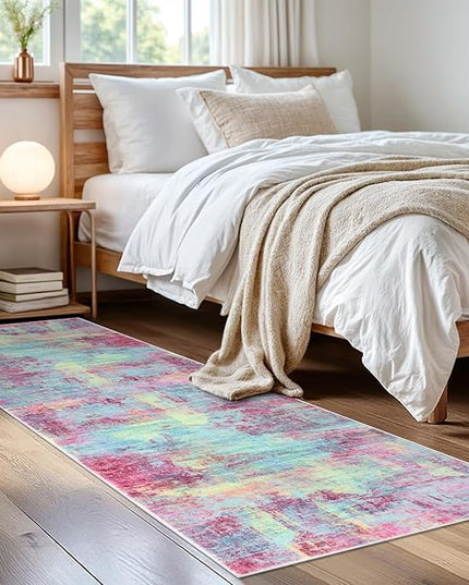 IOHOUZE Abstract Runner Rug 2x6 Ft Washable Runners for Hallways, Non Slip Kitchen Runner Printed Faux Wool Entryway Runner Indoor, Modern Abstract Floor Carpet for Hall Kitchen Bedroom, Pink Teal