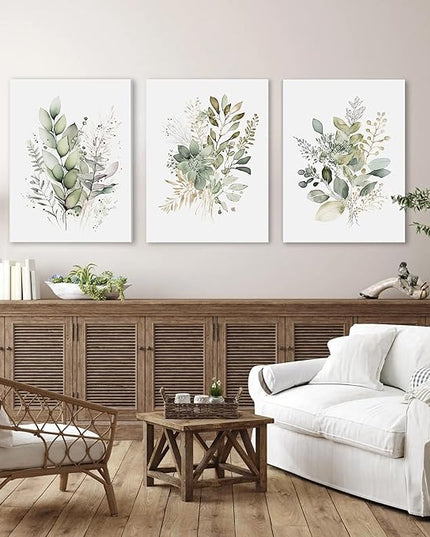 WRFON Watercolor Botanical Wall Art Set of 3 Boho Sage Green Wildflower Canvas Wall Art Prints Modern Floral Wall Decor for Bedroom Living Room Bathroom Decorations Framed 12x16 Inches