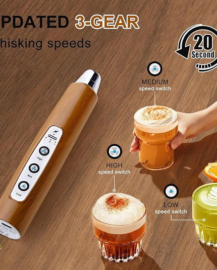 YUSWKO Wood Grain Handheld Milk Frother Wand for Coffee, Rechargeable Electric Whisk with 3 Heads 3 Speeds Drink Mixer Coffee Frother For Latte, Cappuccino, Hot Chocolate, Egg