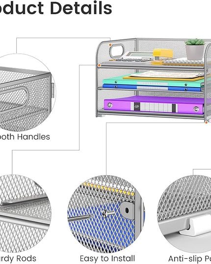 3 Tier Paper Organizer with Handle, Metal Desk Organizer Mesh Paper Letter Tray Desktop File Folder Document Sorter for Classroom, School, Office Accessories Organization and Storage - Silver