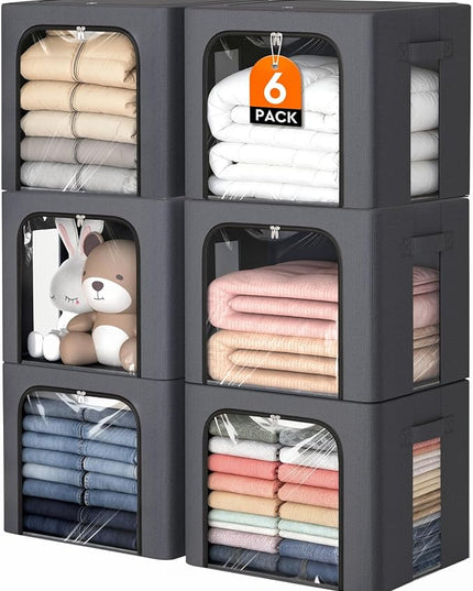 6 Pack Clothes Storage Bins with Metal Frame,40L Storage Bags Fabric Box Organizer with Clear Window,Zippers,Sturdy Handles(6 Pcs,Light Grey,40L)