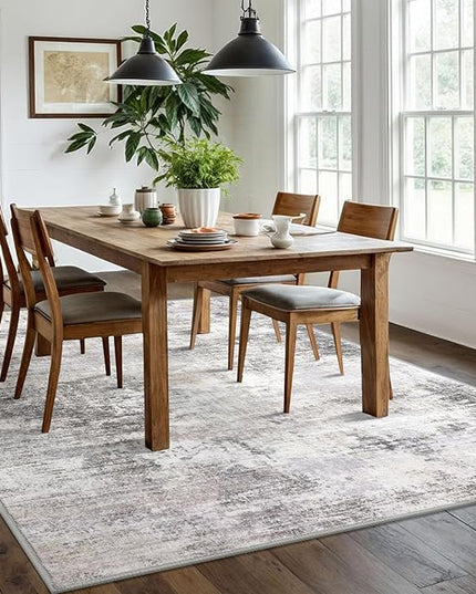 IOHOUZE Abstract Area Rugs 6x9 Ft Washable Rugs for Living Room, Non Slip Dining Room Rug, Printed Faux Wool Rugs for Bedroom, Floor Carpet for Office Nursery Playroom, Grey Beige