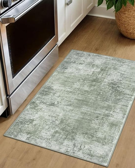 IOHOUZE Small Abstract Area Rug 2x3 Ft Entryway Rugs Washable Door Mat Indoor Entrance, Rubber Backed Throw Rugs, Printed Faux Wool Non Slip Floor Carpet for Foyer Front Door Sink, Sage Green