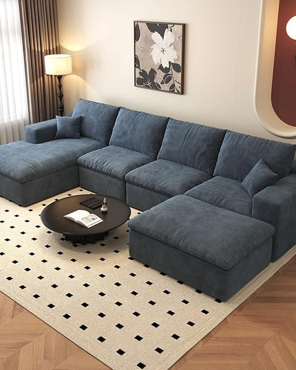 136.6'' U-Shaped Modern Modular Sectional Cloud Couch Whit Ottoman, 4-Seat Chenille Deep-Seat Sofa with Pillow for Living Room, Bedroom, Apartment, Ocean Blue