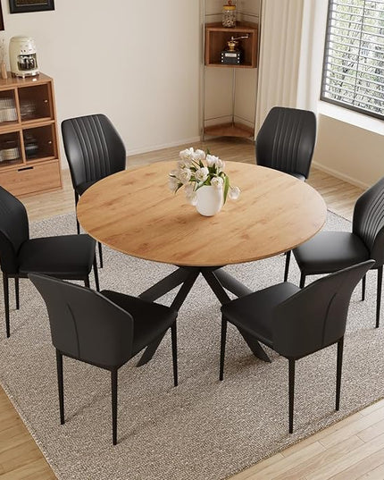 43.2"-59.1" Extendable Dining Table Set with Metal Legs, Wooden Round Kitchen Table for 4-6 Person, Oak Coffee Table w/Easy-Clean Tabletop