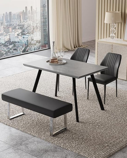 ZckyCine Modern 4-Piece Dining Table Set - Rectangular Wooden Table, 2 Soft Dining Chairs, 1 Leather Bench - Suitable for 4 People