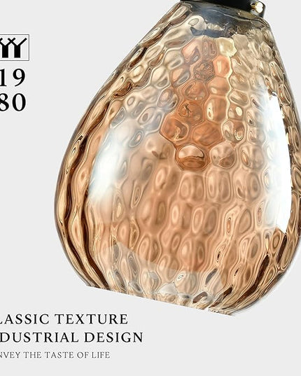 Modern Glass Pendant Light, 8"x9.6" Amber Ribbed Hanging Light Fixture with Gold Cap, 15"-72" Adjustable Cord, E26 Socket for Kitchen or Entryway – Sunrise Glow Teardrop