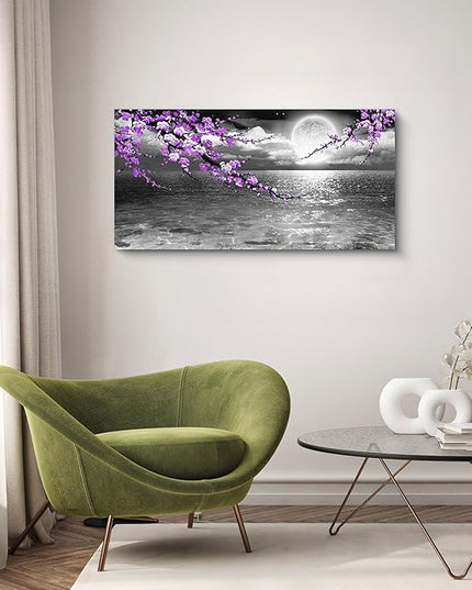 Large Purple Wall Art Decor for Living Room Bedroom Framed Black and White Seascape Full Moon Purple Flower Painting Canvas Picture Modern Hand-Painted Plum Blossom Artwork for Home Office