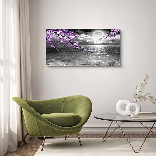 Large Purple Wall Art Decor for Living Room Bedroom Framed Black and White Seascape Full Moon Purple Flower Painting Canvas Picture Modern Hand-Painted Plum Blossom Artwork for Home Office