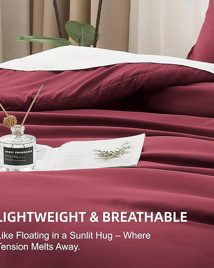 Litanika Burgundy Red Comforter Set Queen Size, 3 Pieces Lightweight Solid Bedding Comforter Set, All Season Fluffy Bed Set (90x90In Comforter & 2 Pillowcases)