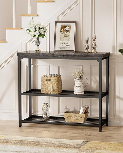 32" Small Console Table with Storage, 3-Tier Narrow Entryway Table, Sturdy Sofa Table with Mesh Shelves, Console Tables for Living Room, Bedroom, Hallway, Entryway, Foyer, Oak Grey