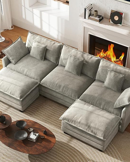 WorthFurni 111.4” Modular Sectional Sofa, U Shape Cloud Couch with 2 Movable Ottoman, Comfy Chenille Deep Seat Sofa with Soft Pillows for Apartment Living Room Bedroom（Grey）