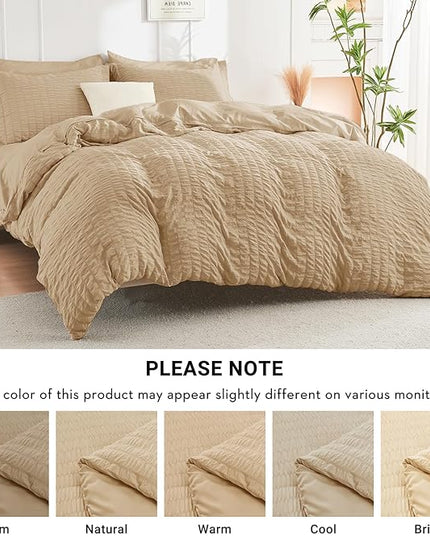 HYMOKEGE Khaki King Size Comforter Set Seersucker 7 Pieces, All Season Luxury Bed in a Bag for Bedroom, Bedding Set with Comforter, Sheets, Pillowcases & Shams