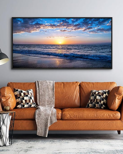 Blue Ocean Framed Wall Decor Living Room Large Size Canvas Wall Art For Bedroom Boho Home Decor Sea Beach Canvas Pictures Artwork Sunny Sea View Painting Office Wall Decorations Black Framed 30" X 60"