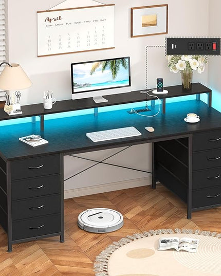 60 Inch Computer Desk with 8 Drawers, Gaming Desk with LED Lights & Power Outlets, Home Office Desk with Monitor Stand, Black