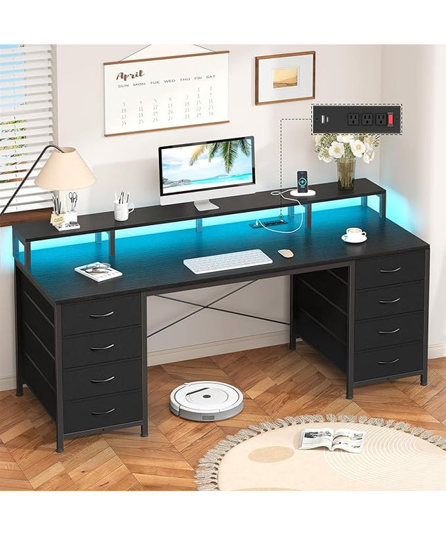 60 Inch Computer Desk with 8 Drawers, Gaming Desk with LED Lights & Power Outlets, Home Office Desk with Monitor Stand, Black