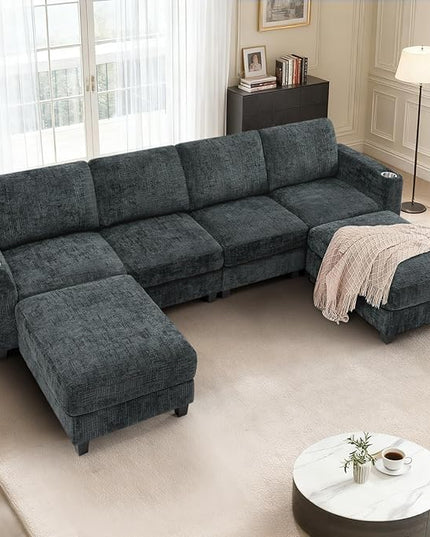 110" Chenille U-Shape Sofa with Flexible Ottomans, Comfy Sectional Sofa with 2 Built-in Cup Holders, Convertible 4 Seats Couch with Well-Filled Back Cushions for Living Room, House, Grey