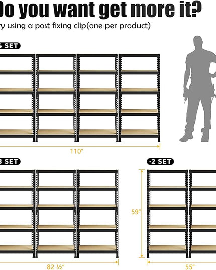 PrimeZone Storage Shelves 4 Pack 5 Tier Adjustable Garage Storage Shelving, Heavy Duty Metal Storage Utility Rack Shelf Unit for Warehouse Pantry Closet Kitchen, Black