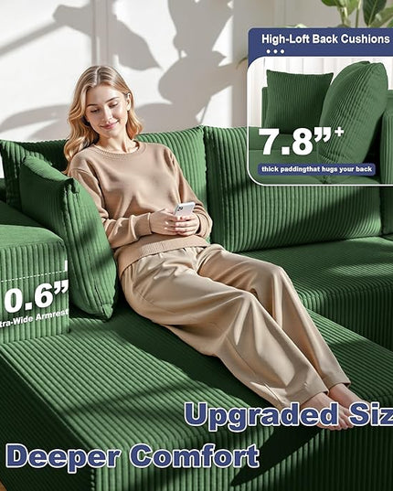 108" Boneless Couches for Living Room, Modular Cloud Couch Sofa - 4 Pieces U Shap Corduroy Sectional Sofa, Fluffy Memory Foam Sleeper Sofa Furniture, No Assembly, Wide Armrest, Green