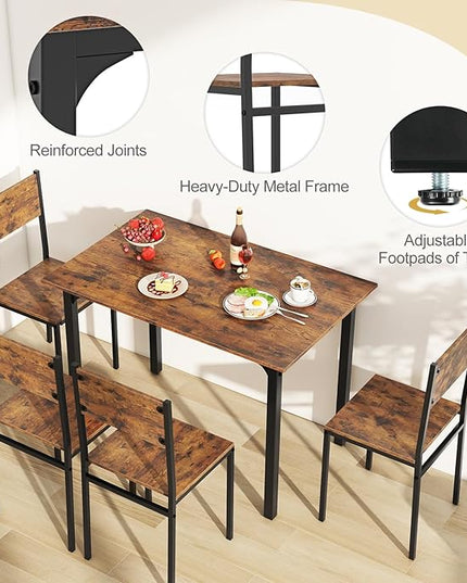 Giantex Dining Table Set for 4, 5-Piece Kitchen Table Set with Dinner Table, Dining Chairs, Metal Frame, Space-Saving Dinette Set for Living Room Restaurant, Breakfast Nook Table Set, Rustic Brown