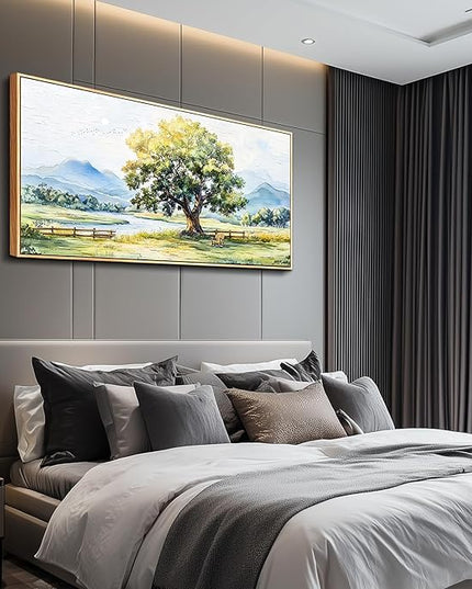 PHAOHUAXM Large Canvas Wall Art For Living Room Wall Decor For Office Bedroom Hotel room Green Tree Ink-Wash Landscape Painting Wood Framed Farmhouse Home Decoration Artwork Ready To Hang 24x48In