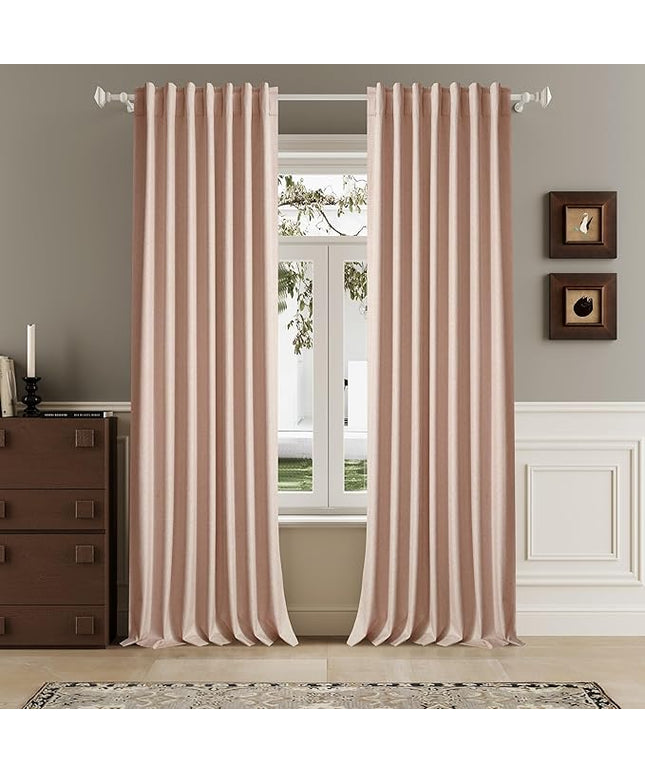 Baby Pink Linen Full Blackout Curtains 108 Inch Length 2 Panels Set for Living Opaque Privacy Back Tab Thermal Insulated 100% Black Out Room Darkening 9ft Window Curtain Drapes 108 Inches Long