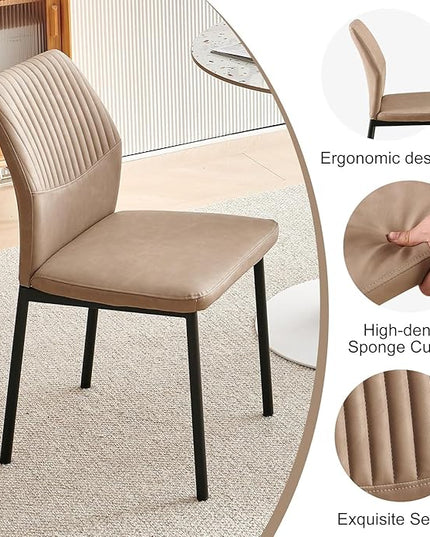 PU Leather Dining Chairs Set of 2, Mid-Century Modern Beige Leather Kitchen Chairs, Armless Dining Room Chairs with Black Metal Legs for Dining Room, Living Room