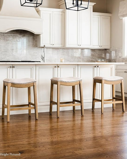 Maven Lane Adrien Backless Bar Stool – 31 Inch Saddle Seat with Footrest – Natural Solid Wood Frame & Natural Fabric Upholstery – Ideal for Bars, Pub Tables & Tall Kitchen Counters