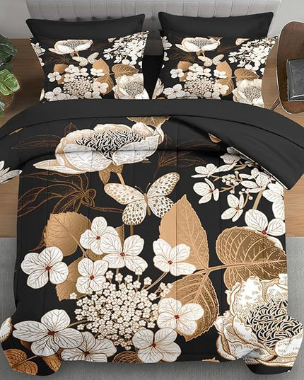 Comforter Set Twin Size, Hydrangea Butterfly Flower 5 Pcs Bedding for Kids and Adults, Black Gold Bed Sheet Sets with Fitted Sheet Pillowcase & Sham for Bedroom Bed Decor