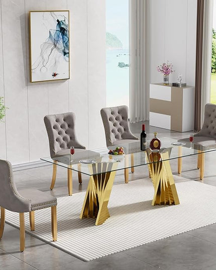 5 Piece Glass Dining Table Set,70" Dinner Room Glass Table Set for 4,Modern Kitchen Dinner Table Set with Stainless Steel Base and 4 Upholstered Velvet Dining Chairs for Living Dining Room