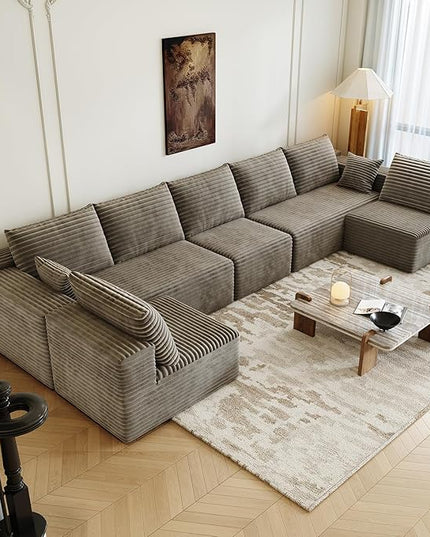 168.5" Modular Sectional Sofa, Oversized U-Shaped Minimalist Couches with 3 Middle Seats Chaise, Modern Deep Seat Convertible Sleeper Sofa, Cloud Plush Corduroy Fabric,7 Seater, Camel