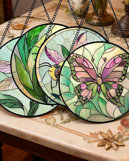Stained Glass Window Hanging 4 Pcs Set Pink Green Insect Theme Large 15" - Butterfly Suncatcher Door Garden Sun Catcher Decor Birthday Christmas for Mom Woman Nana Men