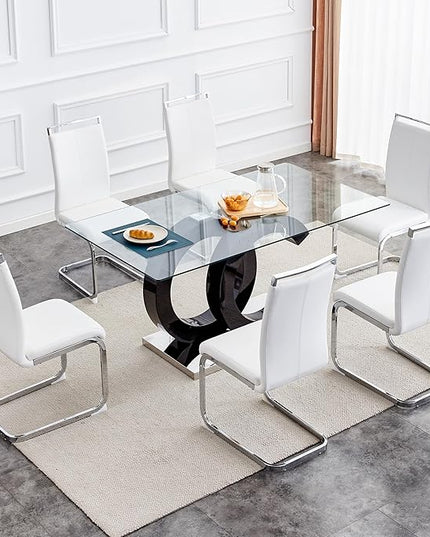 Ebullient Glass Dining Table Set for 6 ，7 Piece Dining Table Set,Tempered Glass Table Top，Modern Dining Room Table with 6 PU Leather Ergonomic Dining Chairs