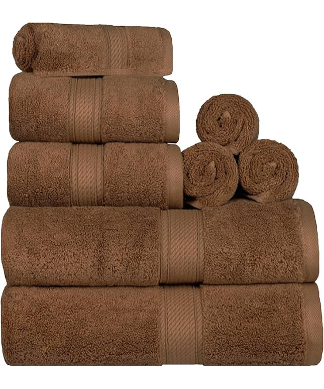 Superior Egyptian Cotton Pile 8 Piece Towel Set, Includes 2 Bath, 2 Hand, 4 Face Towels/Washcloths, Ultra Soft Luxury Towels, Thick Plush Essentials, Guest Bath, Spa, Hotel Bathroom, Chocolate