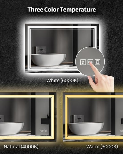 24" x 36" Frontlit & Backlit LED Bathroom Mirror, Frameless Vanity Wall Mirror with CRI90 Dimmable 3-Color Lighting, Anti-Fog, Memory, Plug-in/Hardwired Installation, ETL & UL Certified