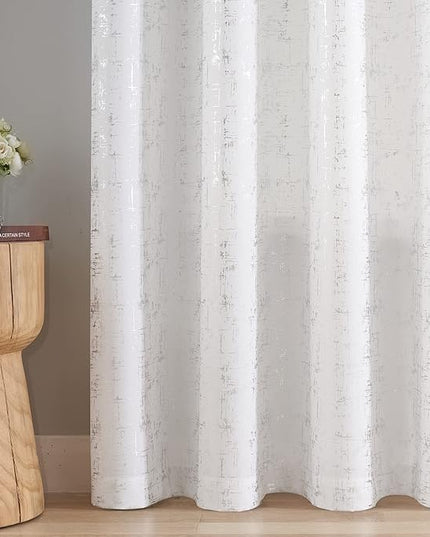 Taisier Home Silver Foil Print Linen Textured Curtains - Geometric Dots Pattern Design for Bedroom & Living Room - Thermal Insulated Window Treatment, 2 Panels, 95" L, White & Silver