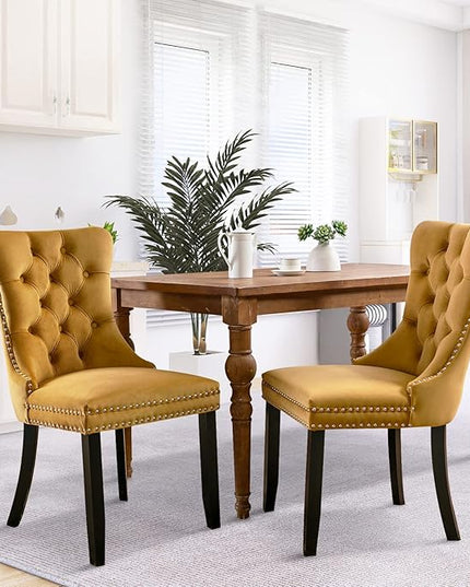 SoarFlash Velvet Dining Chairs Set of 2, Tall Back Side Chair, Modern Upholstered High-end Tufted Side Chair with Button Back Ring, Solid Wood Legs (Gold)