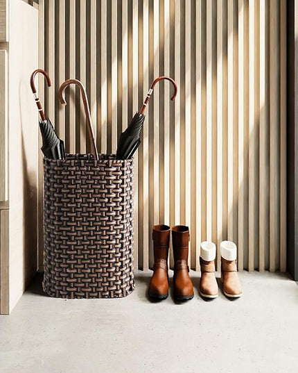 PEMAR Wicker Umbrella Holder Indoor Outdoor, Decorative Hand Woven Umbrella Stand Rack for Home, Entryway Rustic Farmhouse Multipurpose Narrow Tall Basket (Brown)