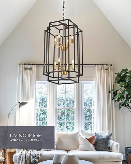 8-Light Lantern Tiered Pendant Light Fixtures, Black Metal Farmhouse Chandelier Hall Foyer Hanging Chandelier for Kitchen Island Dining Room Living Room Foyer Entryway, Black+Gold