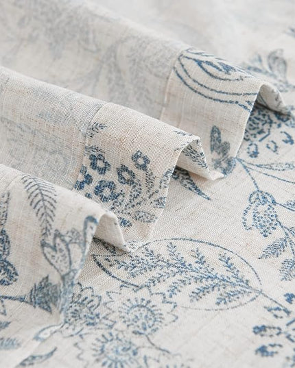 Lazzzy Linen Farmhouse Curtains for Living Room 96 Inch Length Floral Print Window Curtains Semi Sheer Drapes for Bedroom Country Light Filtering Curtain Grommet Top 2 Panels Blue on Beige