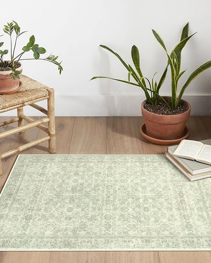 2x3 Washable Rug Soft Area Rug for Entryway, Light Sage Green and Ivory Non-Slip Indoor Door Mat Floral Low-Pile Kitchen Rugs, Neutral Vintage Carpet for Entrance Kitchen Bedside Farmhouse