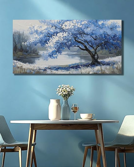 JuhaiArt Scenery Picture Wall Decorations Large Tree Wall Art Blue Canvas Wall Art for Living Room Bedroom Office White Poster 29"x 59"