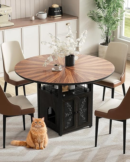 47" Round Dining Table Set for 4-6 People, Large Farmhouse Kitchen Dining Table Set with Chairs and Storage Rack, Metal Base Round Table for Home Dining Room Living Room (Cat table and 4 brown chairs)