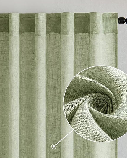 MIULEE Sage Green Linen Curtains 84 Inch Length 2 Panels for Bedroom Living Room, Soft Thick Linen Textured Window Drapes Semi Sheer Light Filtering Back Tab Rod Pocket Burlap Look Decor