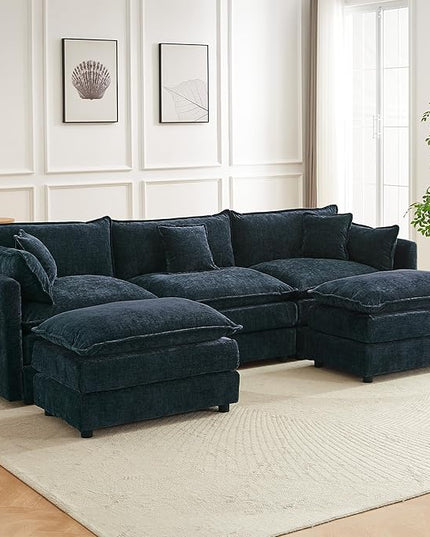Modular Sectional Sofa, 112.2 Inch U Shaped Couch Set with Armrests, 3-Seater Comfy Cloud Couches with Movable Ottoman for Living Room Apartment, Blue