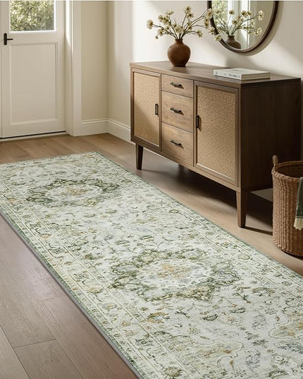PADOOR-Vintage Runner Rug 2X10 Runners for Hallways-Soft Green Washable Bedside Rugs for Bedroom-Non Slip Long Rug for Hallways Entryway Laundry Room Stair Kitchen Bathroom