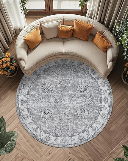 jinchan Fiora Round Rug 6ft Area Rug - Grey Vintage Floor Mat Indoor Ultra-Thin Soft Floral Print - Washable Circle 6' Retro Accent for Farmhouse Non Slip Dining Room Living Room Bedroom Office